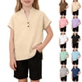 thumbnail image 2 of MKOSPLRT Henley Shirts for Kids Girls Button V Neck Rolled Short Sleeve Linen Shirt Basic Solid Split Hem T Shirts for Beach Vacation Pink 5-6 Years, 2 of 10
