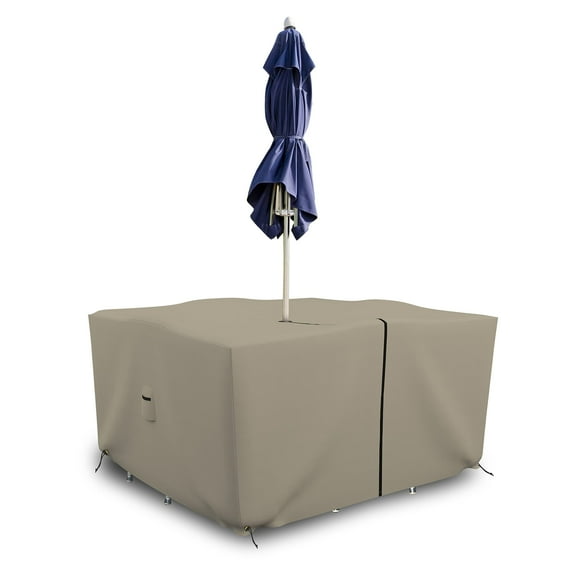 COVERS&ALL Square Table & Chair Set Cover with Umbrella Hole, 12 Oz Waterproof UV & Weather Resistant, Patio Lawn Garden Backyard Furniture with Air Vents & Drawstrings (45"L X 45"W X 30"H, Beige)