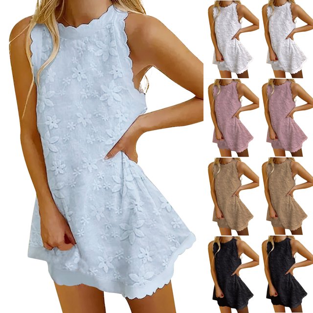 Gspmoly Robes pour Femmes, Robe d'Été Unie Style Frais Brodée en Dentelle Débardeur Col Rond Robe Cocktail Offres de Vacances