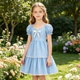 thumbnail image 2 of Glisme Toddler Girls Dress Solid Color Puff Sleeve Square Collar With Bowknot Back To School Lace Trim Tiered Dresses For Girls, 2 of 4