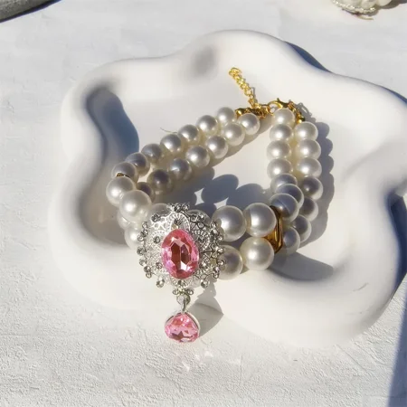 1pc Luxury Double Layer Pearl Pet Necklace with Diamond Pendant Wedding Costume Dog Cat Crystal Jewelry Accessories Pet Supplies