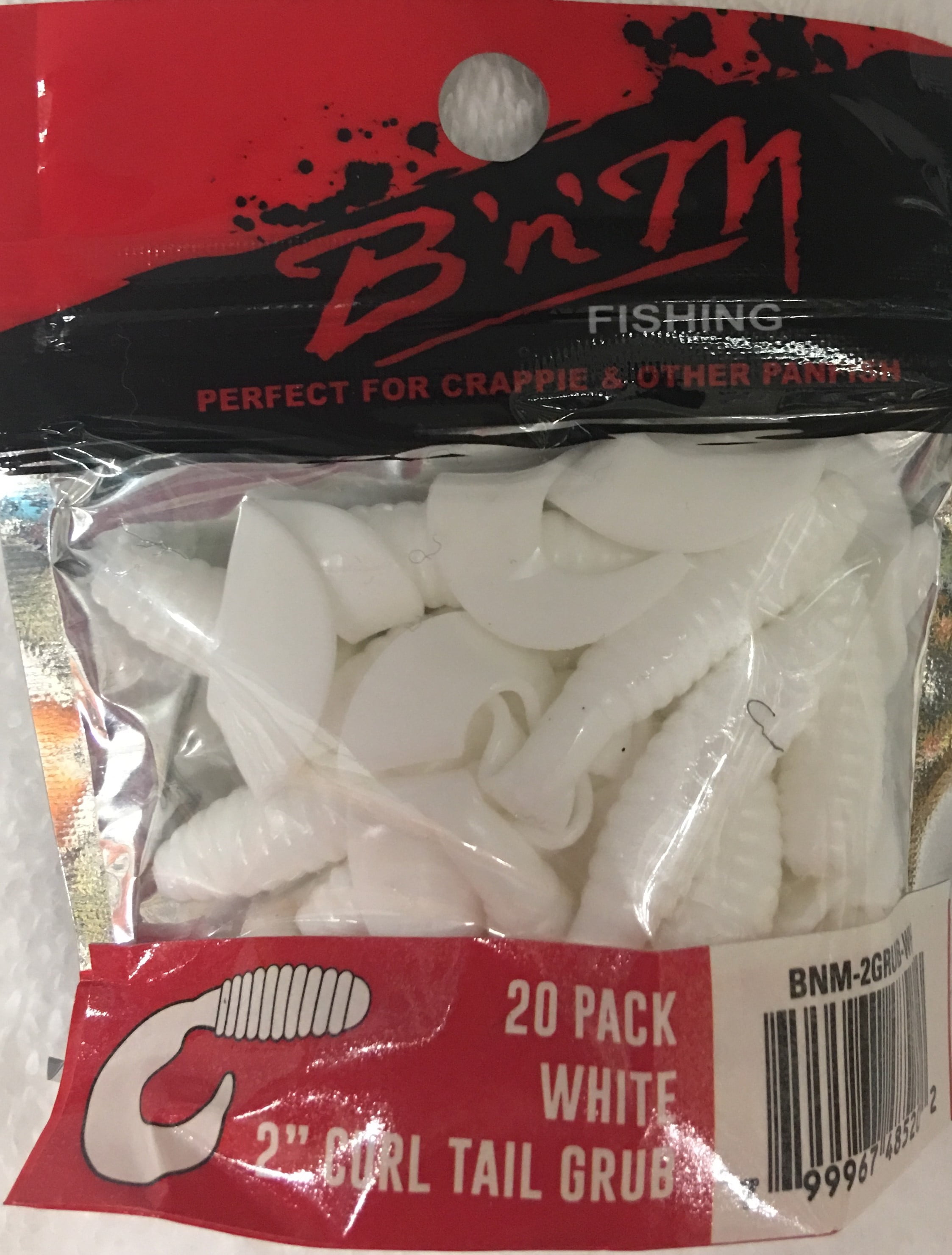 (6 pack) B'n'M 2" Curl Tail Grub Lure, White, 20 Count
