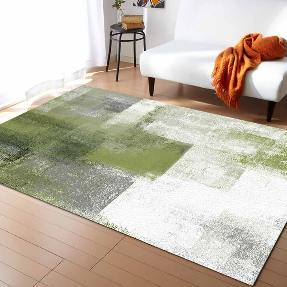 Area Rugs Indoor Non-Slip Rectangle Rug 5x7 Ft Abstract Sage Green White Paint Texture Rug Rubber Backing Floor Mats Non Shedding Home Decor Carpet for Entryway Living Room