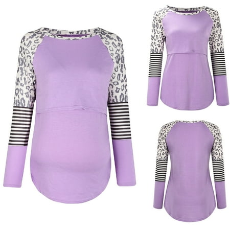 

Ovzne Maternity Clothing Plus Size Maternity Clothing Xxl Maternity Long Sleeve Leopard Patchwork Stripe Print Breast-Feeding Pregnant Nursing Blouse Tops Maternity Clothing Sets