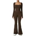 thumbnail image 2 of Sevevn Women Solid Color Neck Long Sleeved Waist Cinching Sports Jumpsuit Flared Pants Coffee M Early Access Deals, 2 of 8
