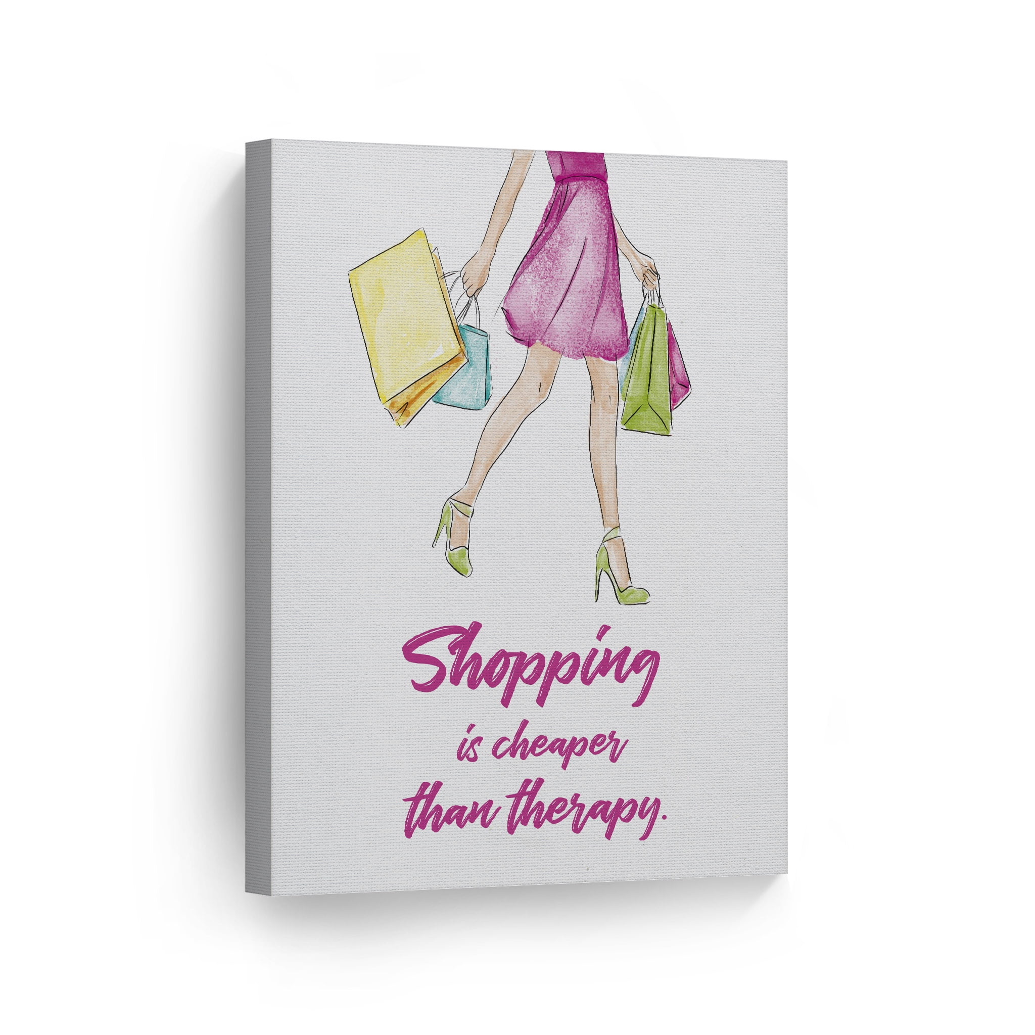 Smile Art Design Shopping Is Cheaper Than Therapy Quote Watercolor Girl Glam Fashion Canvas Wall Art Print Office Bathroom Girl Room Women Dorm Bedroom Living Room Wall Decor Ready To Hang 28x19