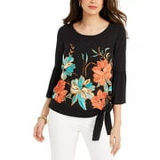 JM Collection Women's Printed Bell-Sleeve Top Black Size Small