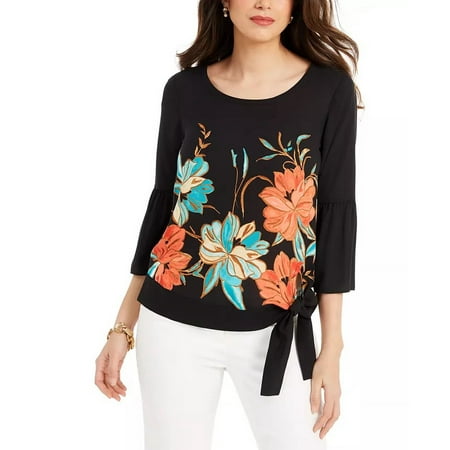 JM Collection Women's Printed Bell-Sleeve Top Black Size Small