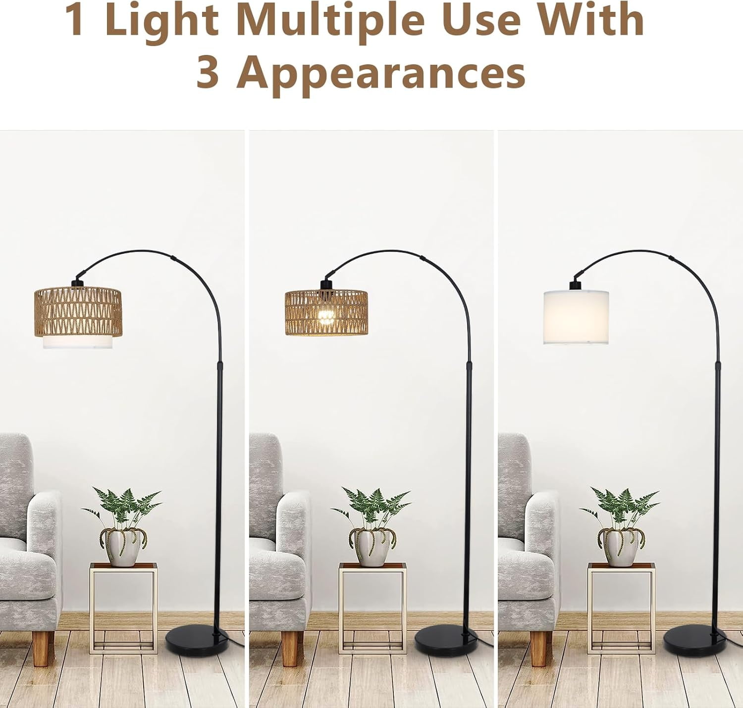 72" Arc Floor Lamp with Remote - Adjustable Height Led Standing Lamp with Rattan & Fabric Shade
