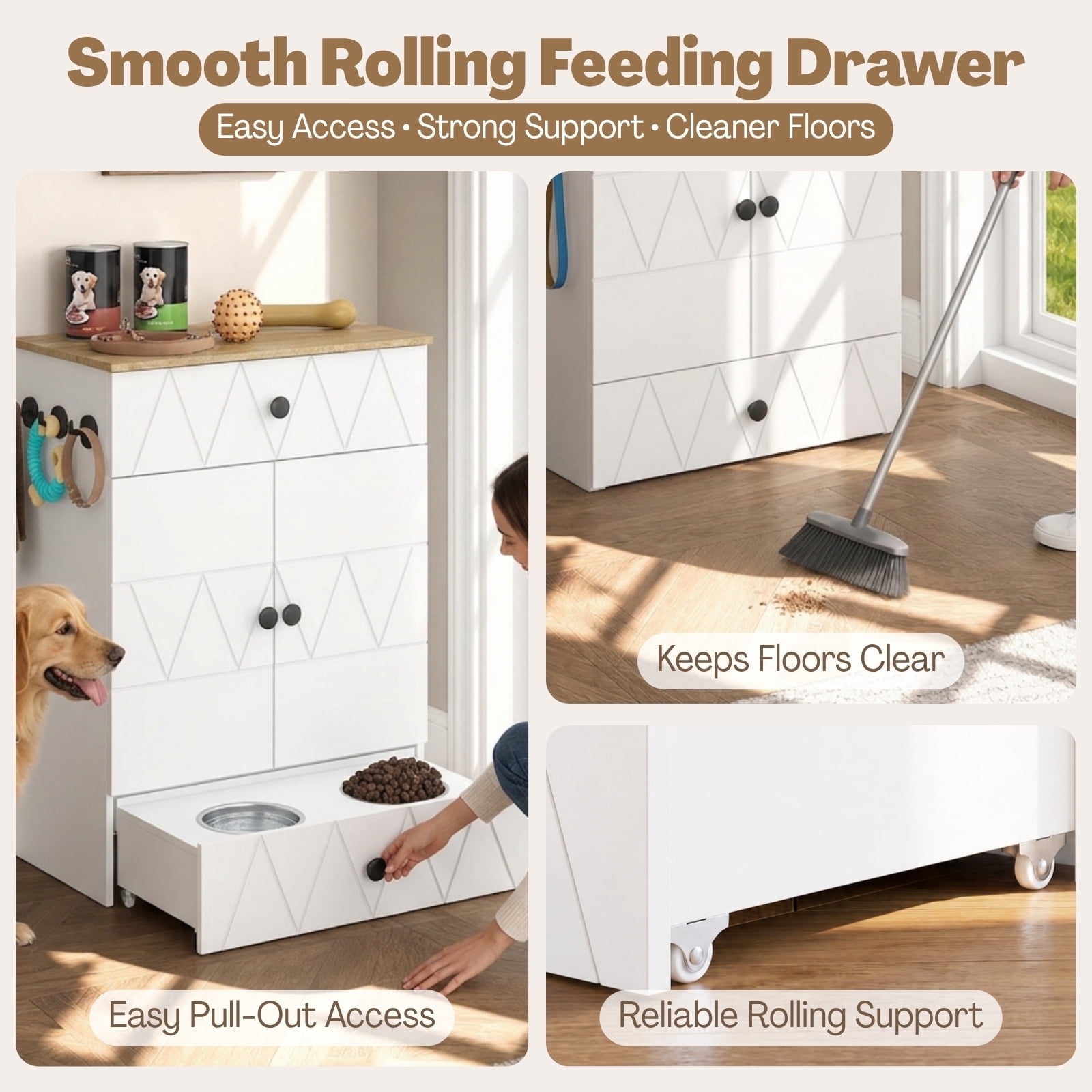 Advwin Pet Feeding Station Furniture with 2 Raised Dog Bowls, Dog & Cat Food Storage Cabinet with Drawer, Adjustable Shelves & Hooks, White