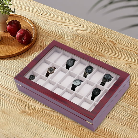 Miumaeov 24-Slot Watch Box Watch Holder with Glass Lid Removable Watch Pillow Velvet Lining Metal Clasp for Watch Display Storage