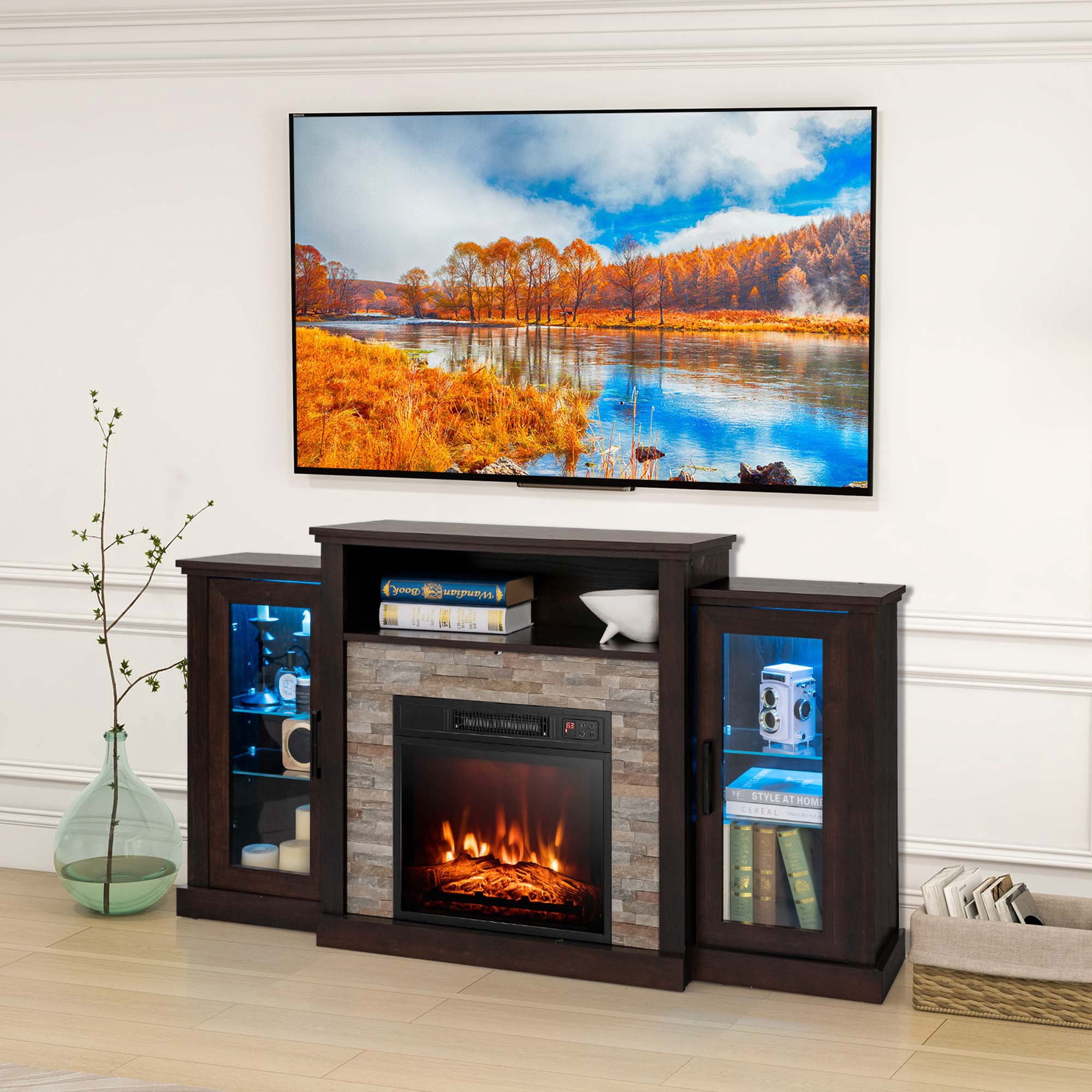 Costway Fireplace TV Stand with Led Lights & 18'' Electric Fireplace For 65" Wall-Mounted TV Dark Brown