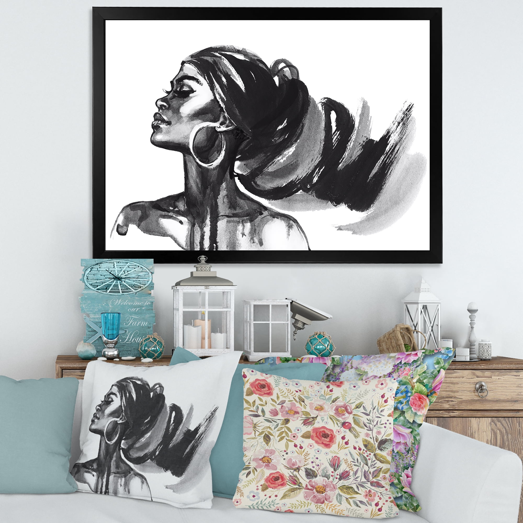 Designart 'Black and White Portrait of African American Woman IV' Modern Framed Art Print