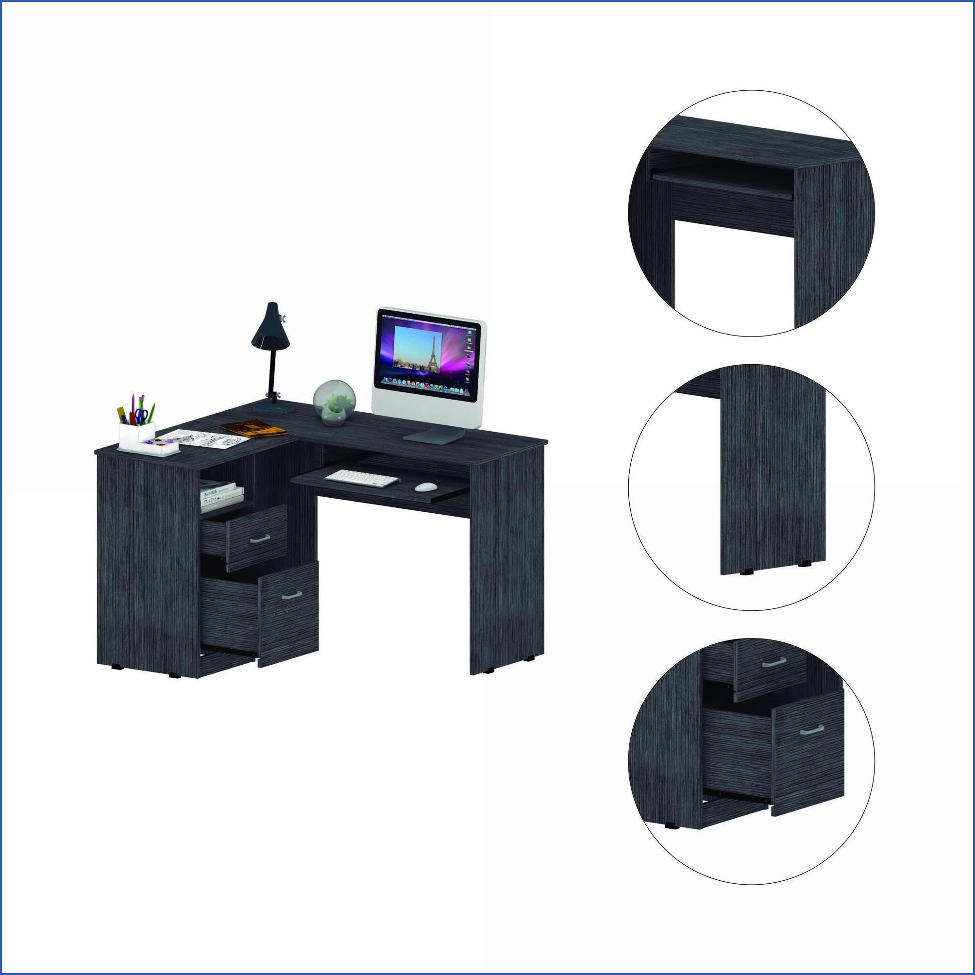 Desks L-Shaped with Keyboard Tray, Two Drawers, Open Shelf - Smokey Oak | Gray | Particle Board