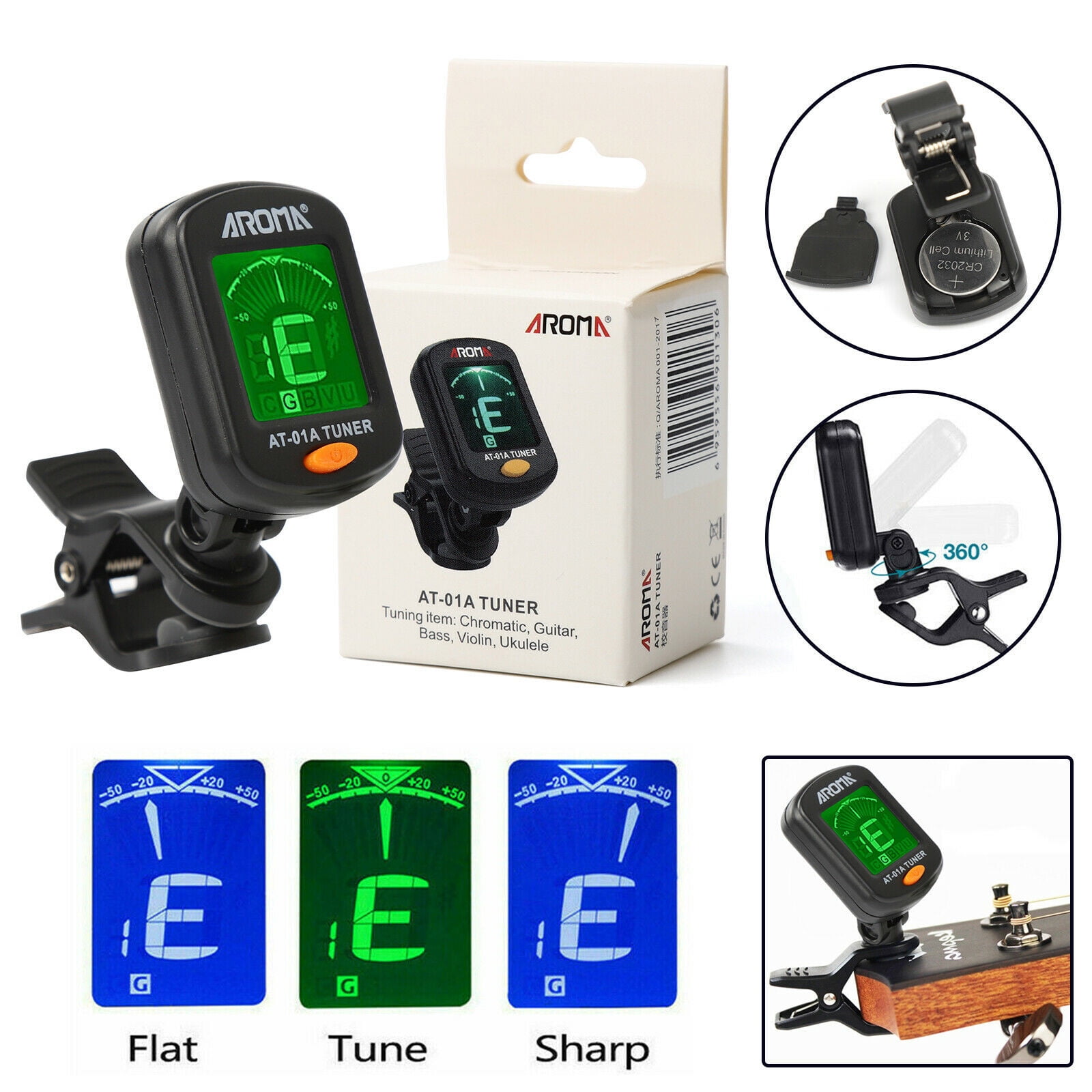 For Guitars Bass Ukulele Clip-On Electric LCD Display Guitar Tuner W/ Battery 