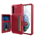 thumbnail image 2 of Slim Hard PC Case Compatible with Samsung Galaxy S21 FE, PU Leather Card Holder Back Case Kickstand Shock-absorbing Car Magnetic Case Cover Designed for Samsung Galaxy S21 FE, Red, 2 of 7