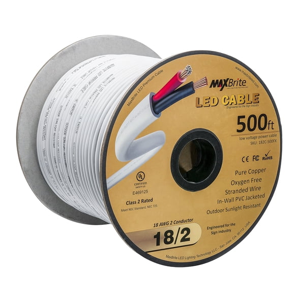 500 ft. 18AWG Low Voltage LED Cable, 2 Conductor, Outdoor Rated, Jacketed in-Wall Speaker Wire UL Listed Class 2, Sunlight Resistant
