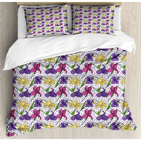 Purple and Yellow Duvet Cover Set King Size, Ink Drawn Colorful Wild Spring Iris Flowers and Blots Composition, Decorative 3 Piece Bedding Set with 2 Pillow Shams, White Multicolor, by Ambesonne