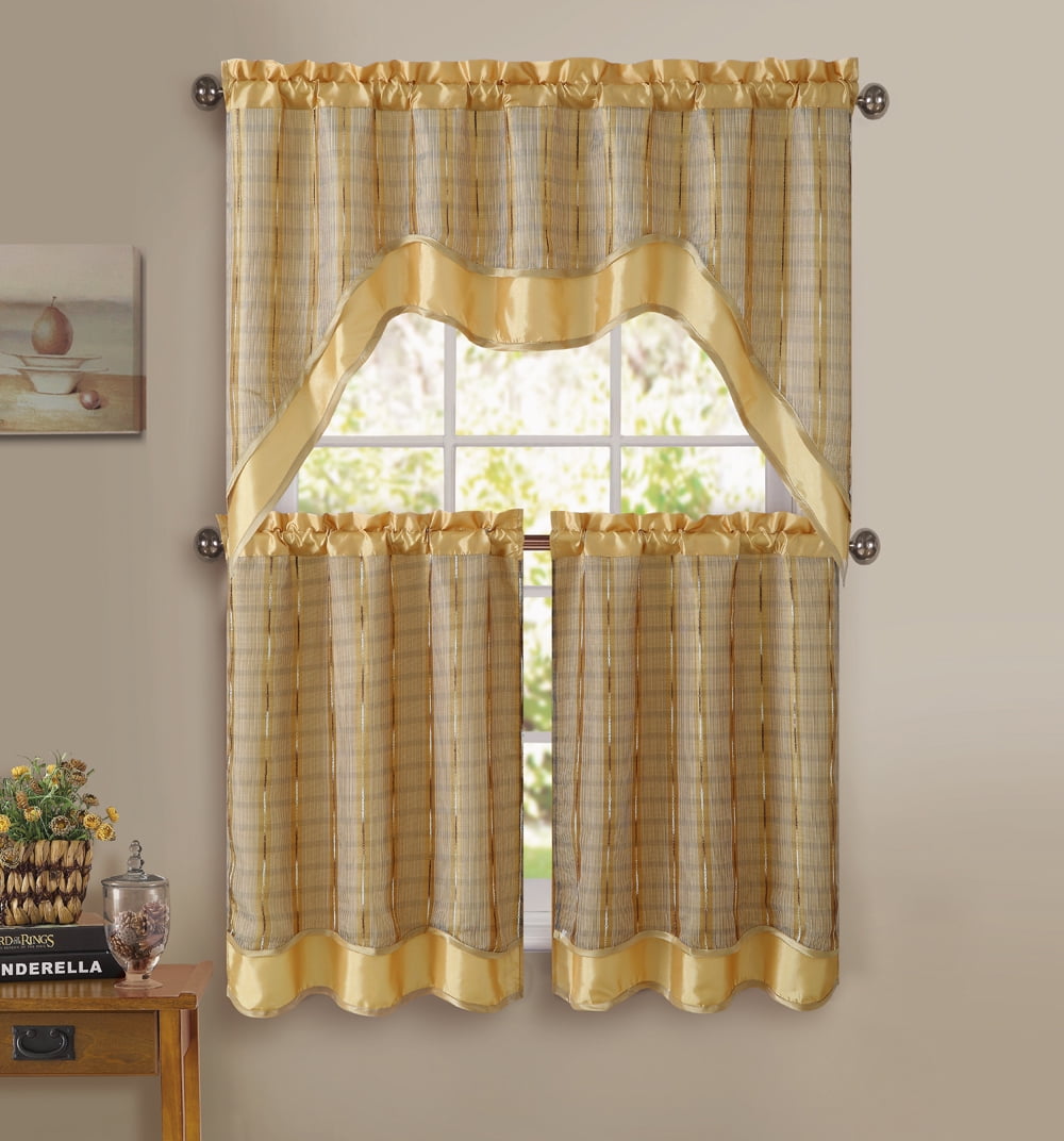 Gold 3-Pc Kitchen Window Curtain Set: Double-Layer, 2 Tiers, 1 Valance