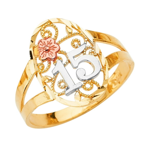 Solid 14k Yellow White and Rose Three Color Gold Fifteen 15 Year Birthday Quincea_era Fashion Anniversary Ring Size 5