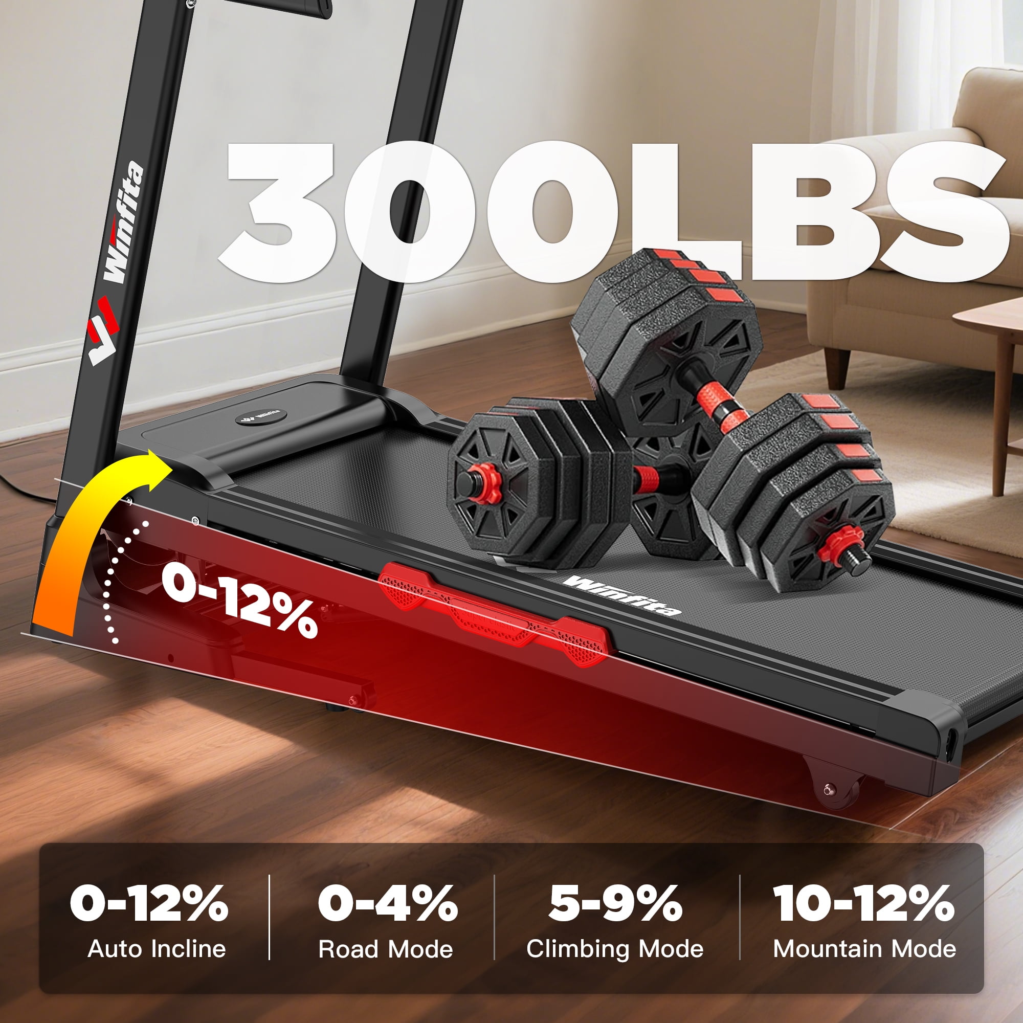 3.5HP Folding Treadmill 300lb Capacity, 12 Levels Auto Incline