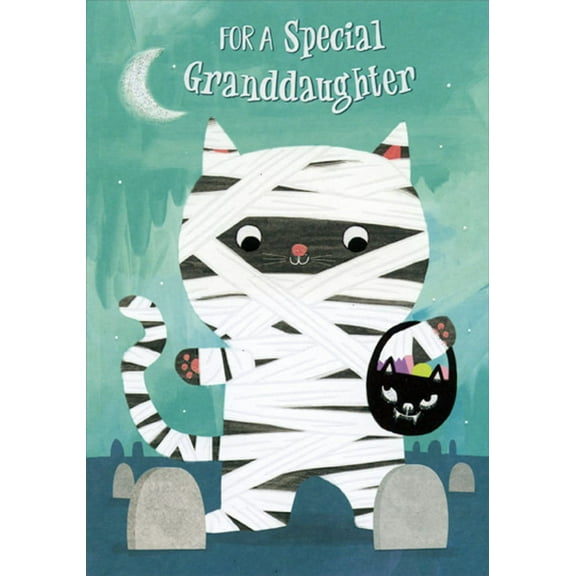 Designer Greetings Cute Kitten Mummy with Candy Bucket Juvenile Halloween Card for Granddaughter