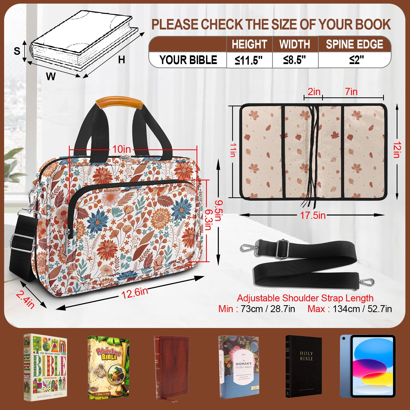 Bible Cover Case for Women,Bible Carrier,Floral Print Bible Bags for Women Organizer,Bible Holder Case with Shoulder Strap,Handle,Bible Study Supplies Kit with Highlighters,Tabs,Pens,Christian Gift