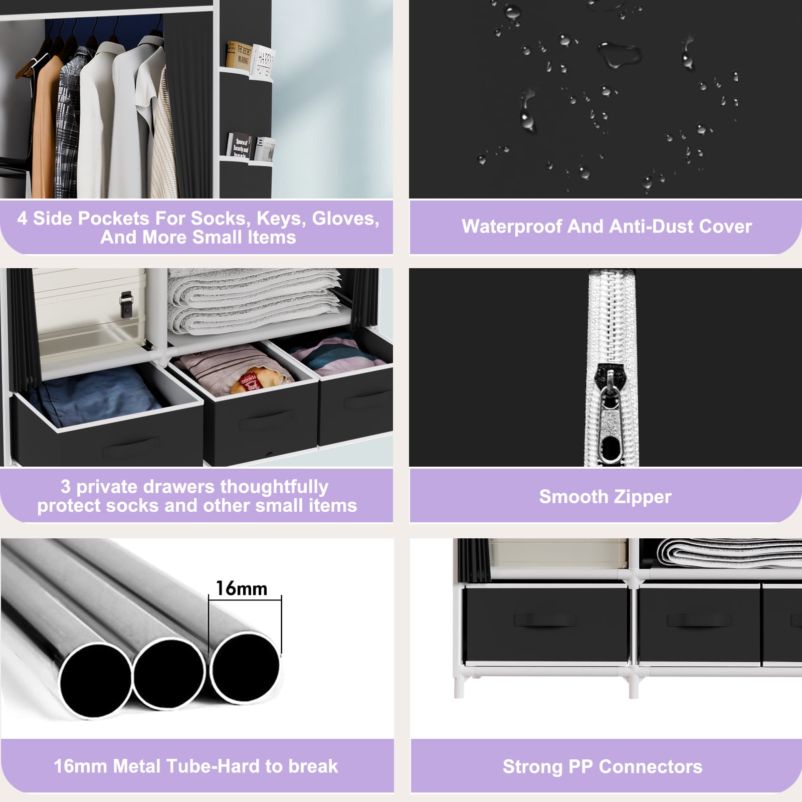 BAOKALER Portable Closet with Non-Woven Fabric,3 Drawers,1 Hanging Rod&4 Side Pockets, plus 16mm Metal Tube Frame–Suitable for Bedrooms, Living Rooms,Closets,Garages&Dorms