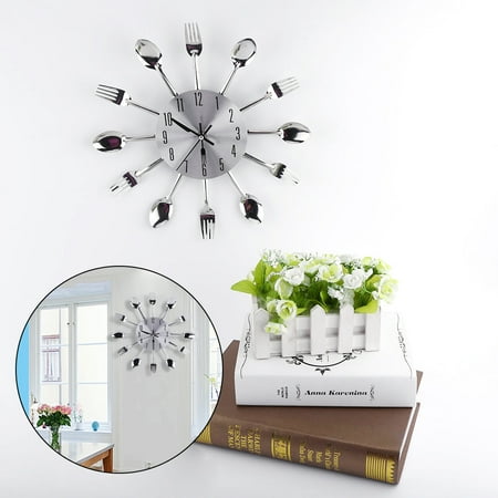 Large 3D Mirror Surface Silver Modern Design Cutlery Kitchen Utensil Spoon Fork Wall Clock DIY, Spoon Fork Clock, Spoon Fork Wall