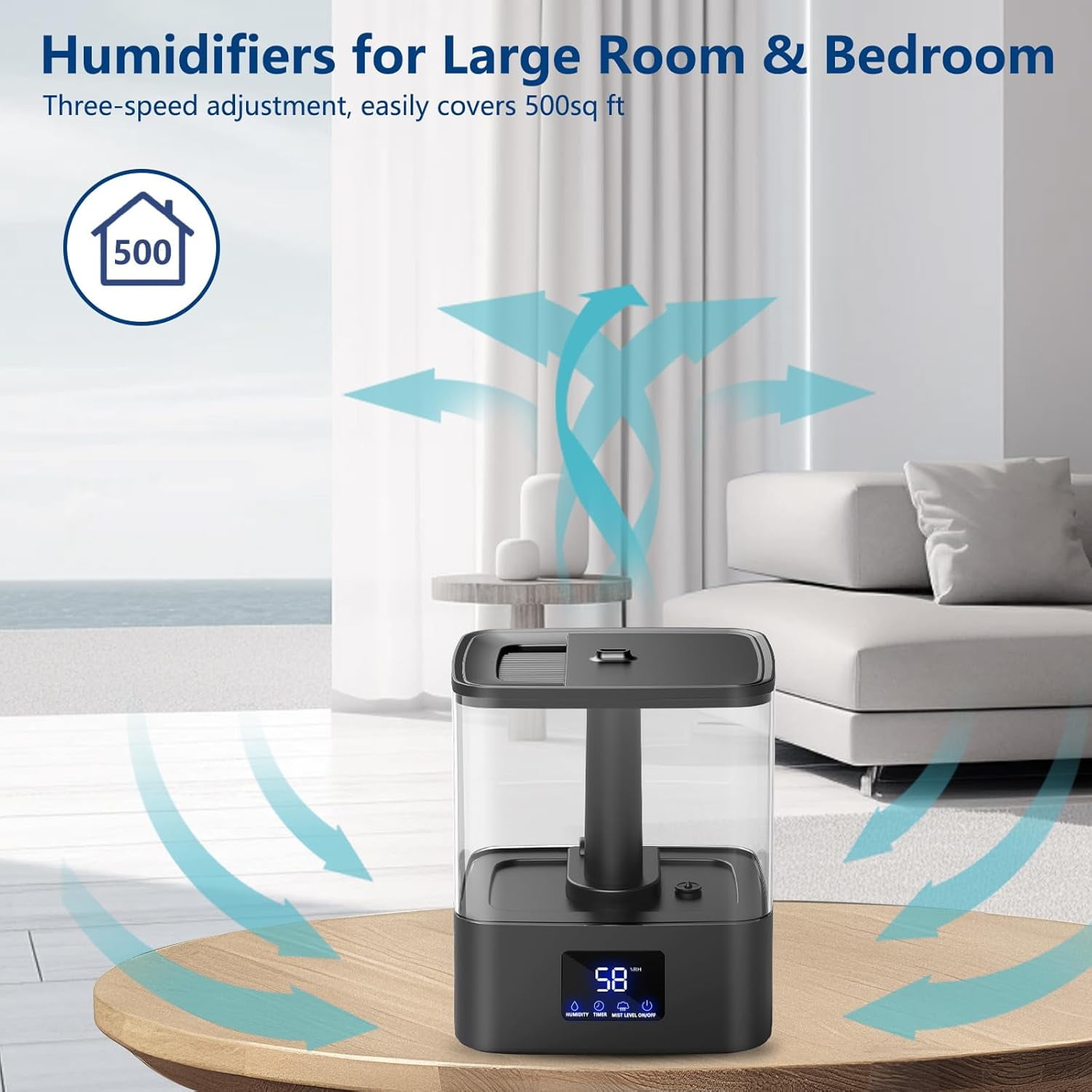 4L Top Fill Humidifiers for Bedroom & 60H Runtime - Cool Mist Humidifier, 3 Mist Levels, 8H Timer, Essential Oil Tray, Humidity Display, Quiet for Bedroom, Baby, Plants, Large Room (Black, 4L)