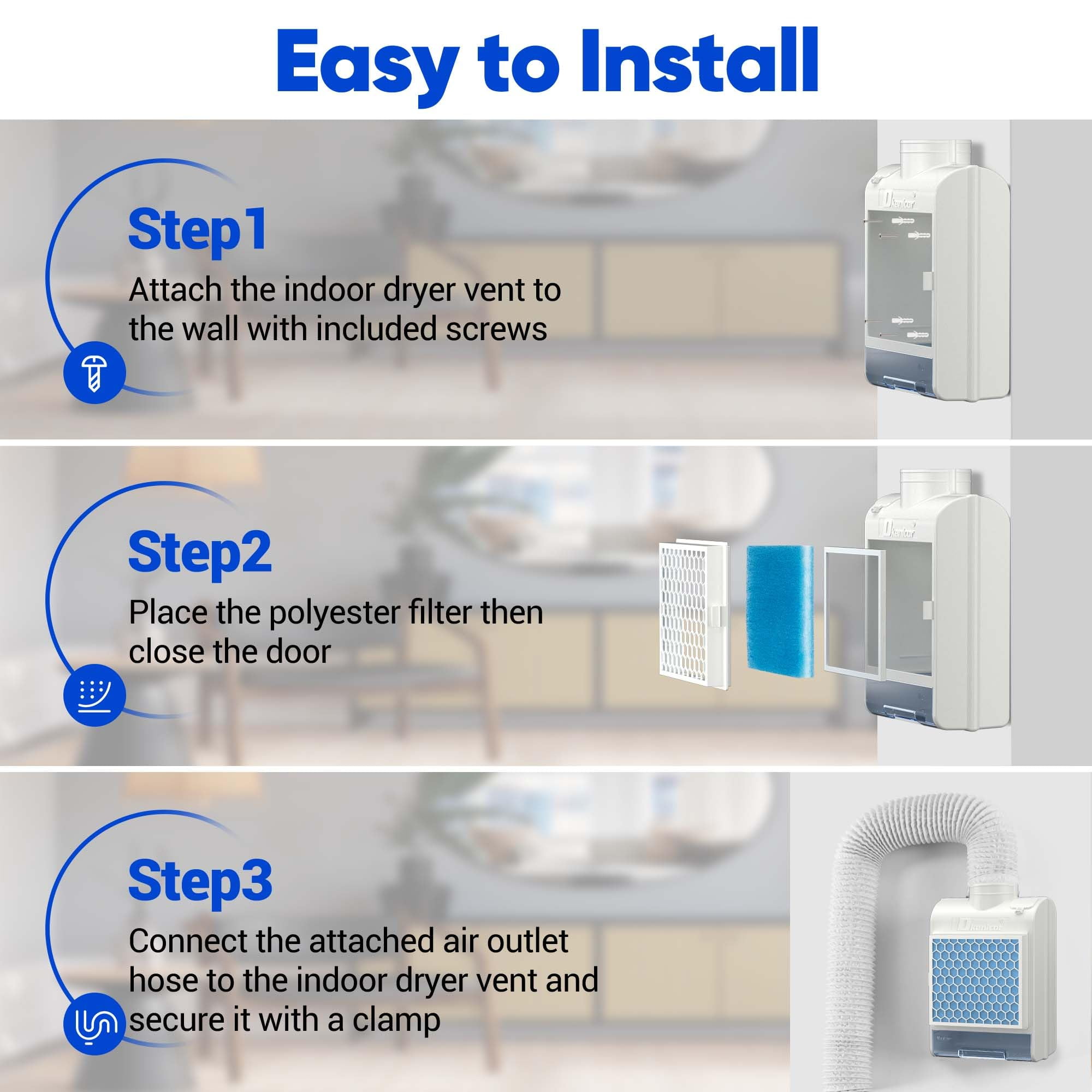 Gewna 3-in-1 Indoor Dryer Vent Kit with Water Drawer System and  Polyester Filters, for Electric Clothes Dryers (Vent Horse Include) White