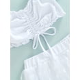 thumbnail image 6 of LMLYSoH Girl's Two-Piece Suit, Toddler Kid Girl Ruffle Trim Drawstring Pleated Short Sleeve Tops + Patchwork Mesh Shorts, 6 of 9
