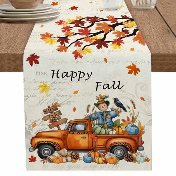 nqOlkjepod Thanksgiving Table Runner 120 Inches Long Farmhouse Dress Scarves, Fall Scarecrows Maple Leaf Truck Beige Dining Tablerunner for Coffee Table/Kitchen Island/Party Décor, 13" x 120"