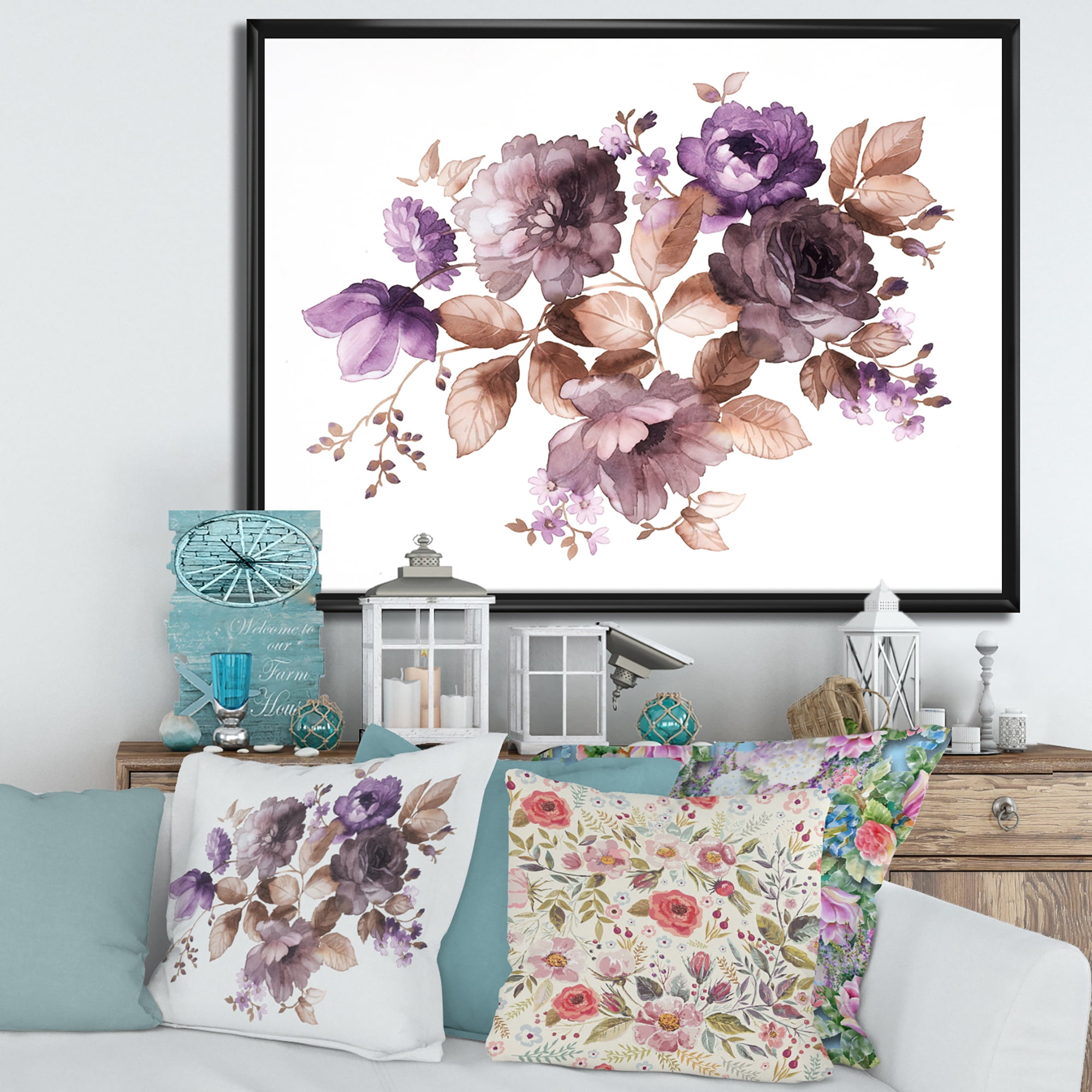 Designart 'Purple Retro Flowers With Brown Leaves On White' Traditional Framed Canvas Wall Art Print