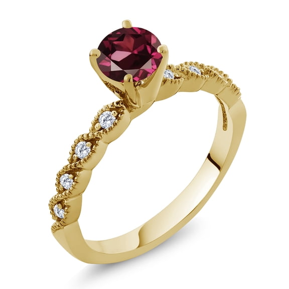 Gem Stone King 18K Yellow Gold Plated Silver Ring Round Red Rhodolite Garnet and Moissanite (1.12 Cttw, Size 6)