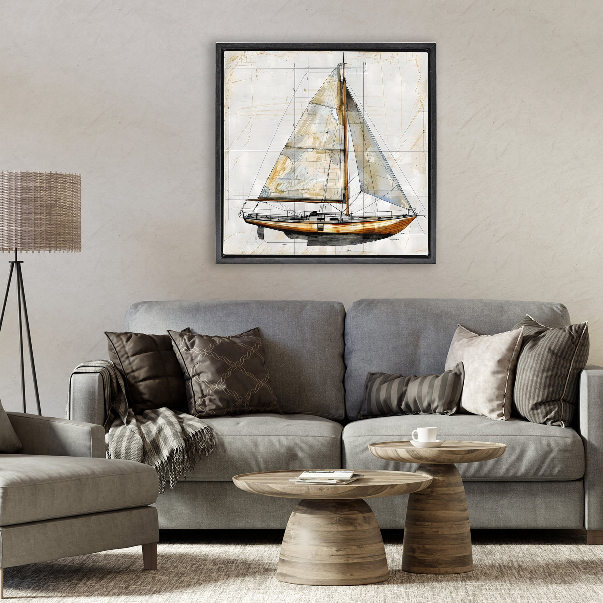 Stupell Industries Vintage Sailboat Drawing Blueprint Black Framed Floater Canvas Wall Art, design by Creative Studio