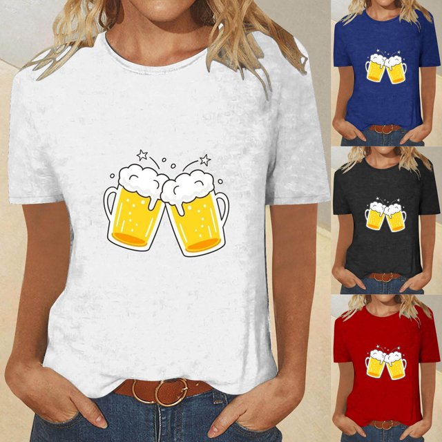 Fiudx Ropa de Mujer Camiseta de Manga Corta con Cuello Redondo y Estampado Informal de Oktoberfest para Mujer, Top de Manga Corta con Cuello Redondo