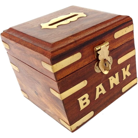 Rastogi Handicrafts Wooden Box Piggy Bank Small for Boys Girls and Adults Safe Money for Your Future Size -3.5x3.5x3 Inches