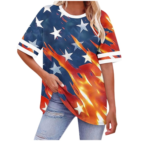 VKOYWKM Plus Size American Flag Shirts for Women 4th of July Independence Day USA Flag Graphic Tees Holiday Crew Neck Short Sleeve Summer Tshirts Patriotic Tops