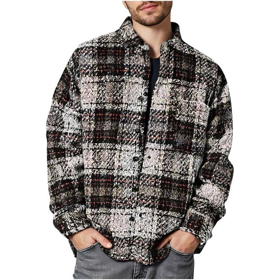 YOIAVAIOY Men's Shirt Jackets Plaid Shacket Jacket Fall Causal Outerwear Stylish Checkered Jackets Gray M