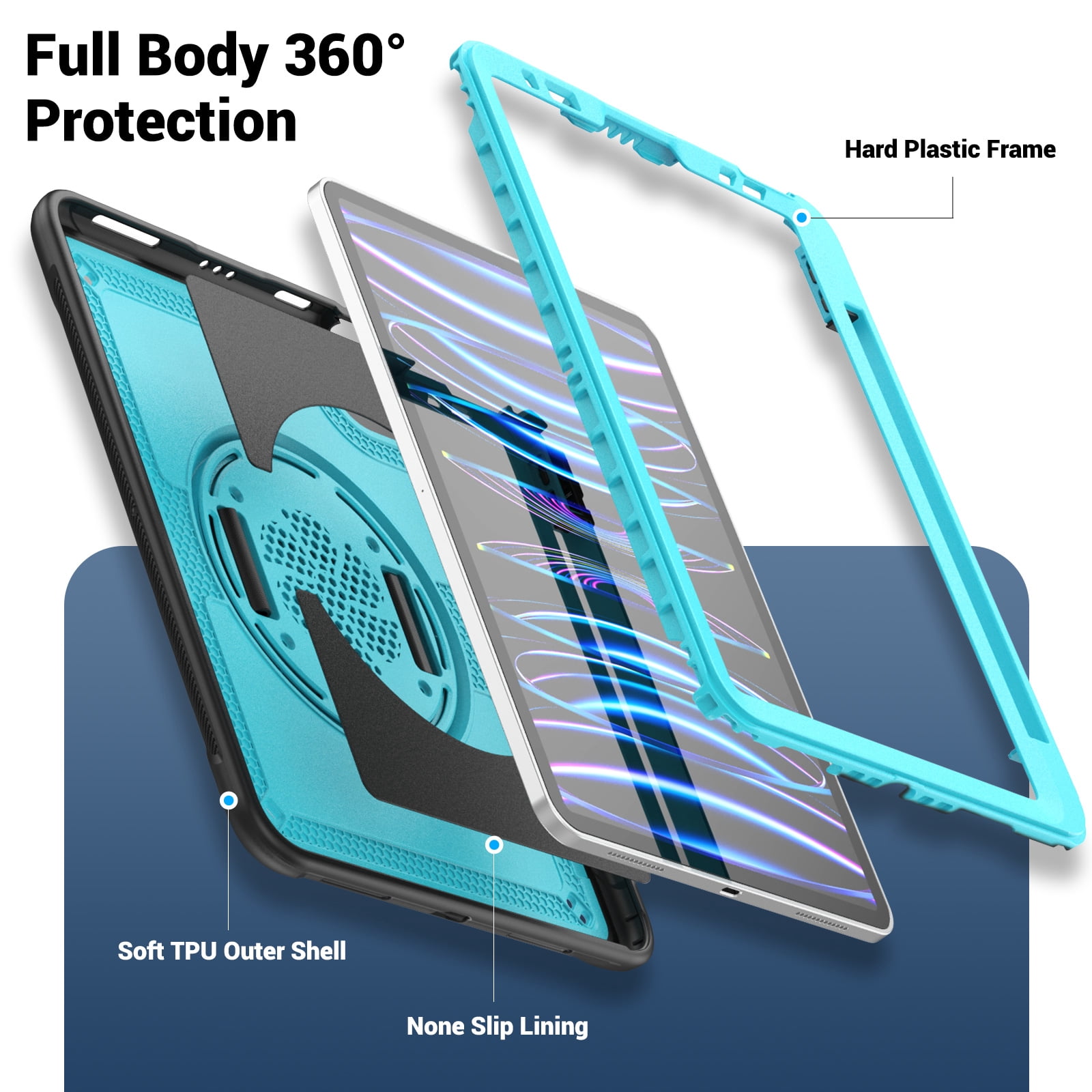 ELEHOLD Case for Apple iPad Pro 11 2022/2021/2020/2018/air4 10.9/air5,Soft TPU Rugged Durable Case with 360° Rotating Hand Strap & Foldable Hidden Stand & Pencil Holder,Lightblue