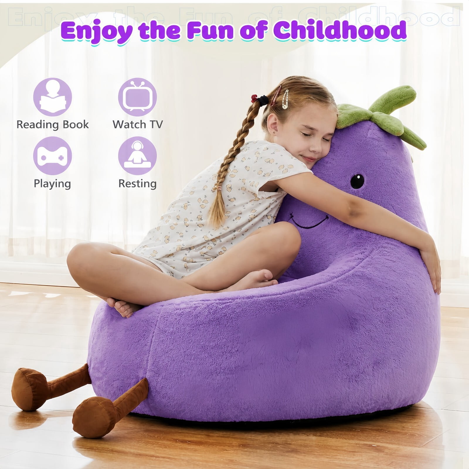 Kelno 24" Kids Bean Bag Chair Faux Rabbit Fur Lazy Chair Toddler Couch, Purple