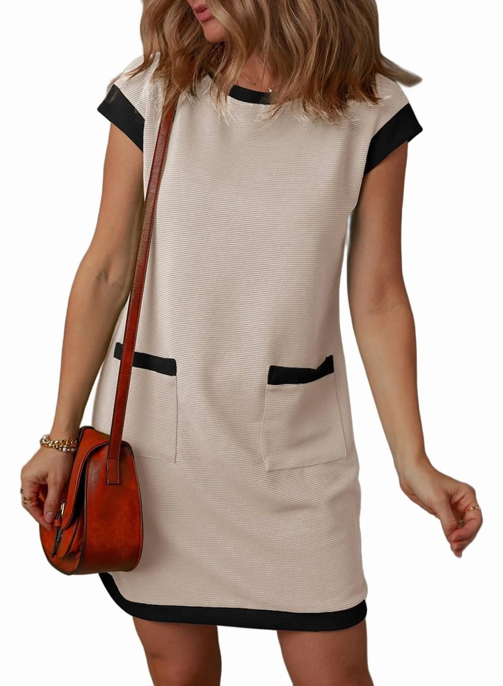 Women'S Casual Summer Dresses Fashion Cap Sleeve Color Block Crewneck Shift Tshirt Mini Dress Apricot S