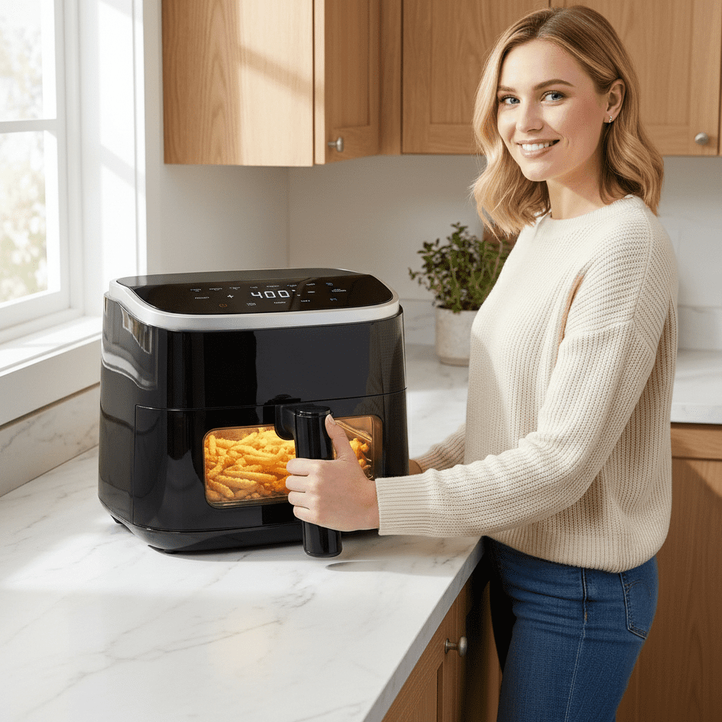 Atilioo 4Qt Air fryer with View Window & 8 Presets, Digital Touchscreen Space-Saving Rapid Air Cooker, Non-Stick & Dishwasher Safe, Black