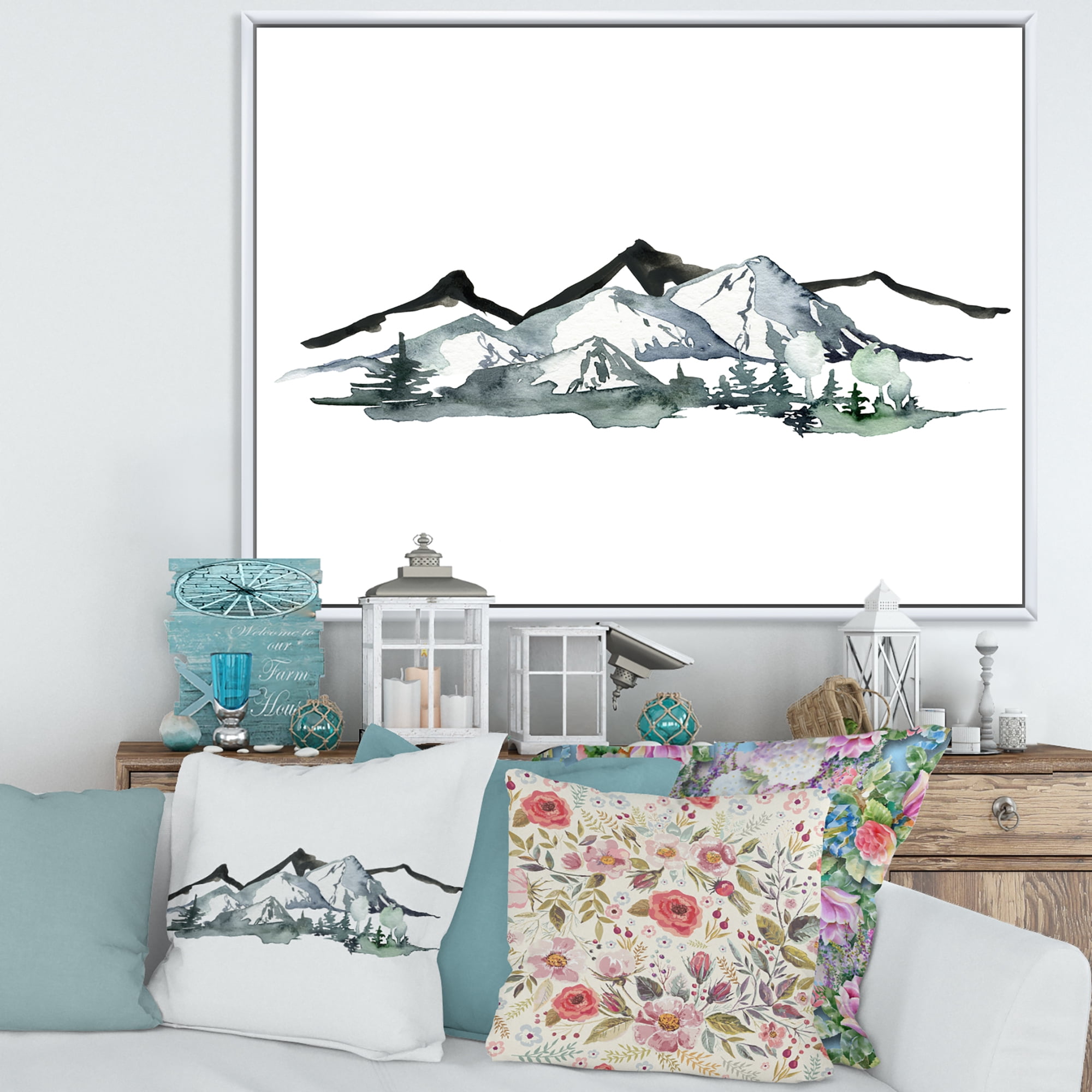 Designart 'Minimalistic Fir Forest and Winter Mountains I' Modern Framed Canvas Wall Art Print