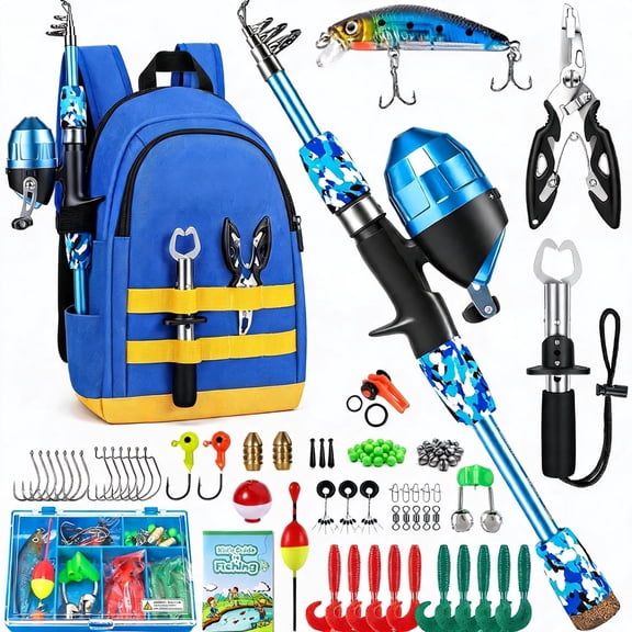 Telescopic Fishing Rod and Reel Combo with Tackle Box Backpack for Kids Ages 3 to 10 Blue 4.92 ft