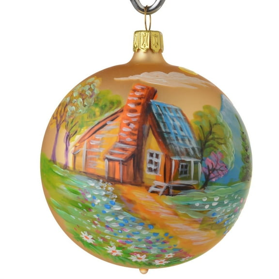 "Summer Cabin in Mountains" Hand Painted Christmas Ball. Made in Belgium.