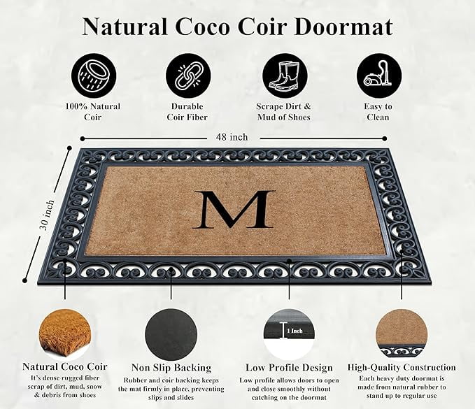 A1HC 30"x48" Natural Coir & Rubber Paisley Monogrammed Door Mat, Heavy-Duty, Low-Profile, Anti-Shed Outdoor Entrance Mat