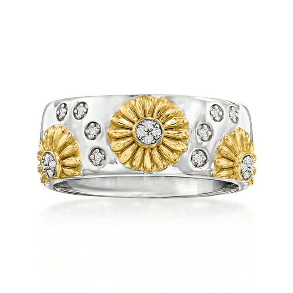 Ross-Simons Diamond Sunflower Ring in Sterling Silver and 18kt Gold Over Sterling, Women's, Adult