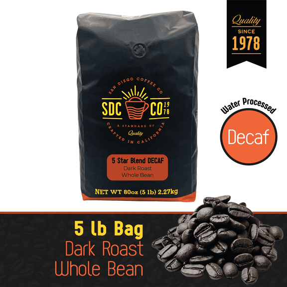 San Diego Coffee 5 Star Blend DECAF, Dark Roast, Whole Bean Coffee, 5-Pound Bag